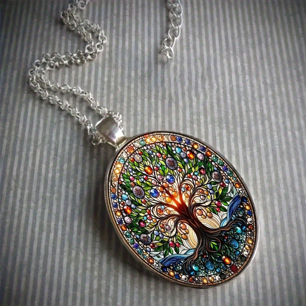 Retro alloy Tree Pattern Hanging of Life Oval Stained Glass Pendant Necklace