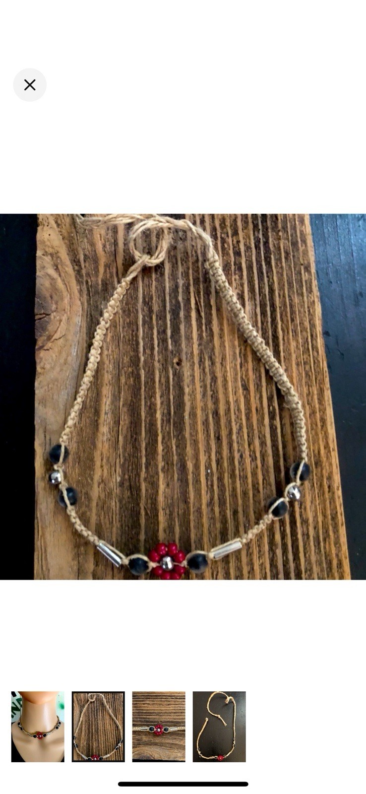 Flower Pendant Beige Cord Beaded Choker Necklace Boho Adjustable Red Silver