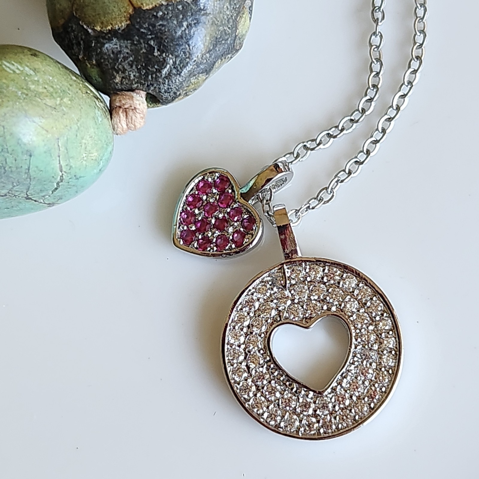 14k White Gold Plated Ruby+Sapphire 2 HEART 23mm Pendant Gemstone free chain