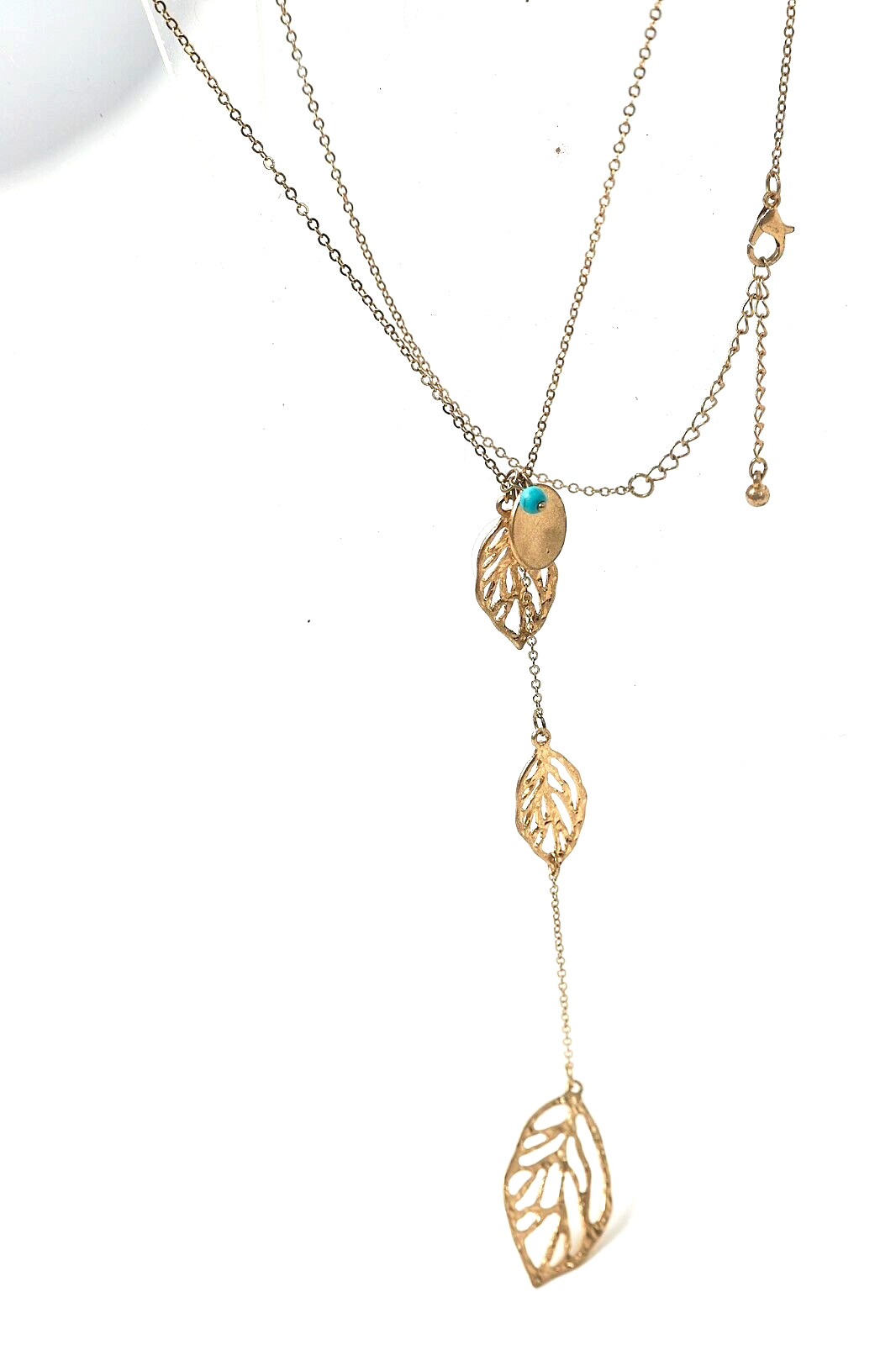 Gold Tone Open Metalwork Triple Leaf “Y” Necklace 24″ long + 3″ extender