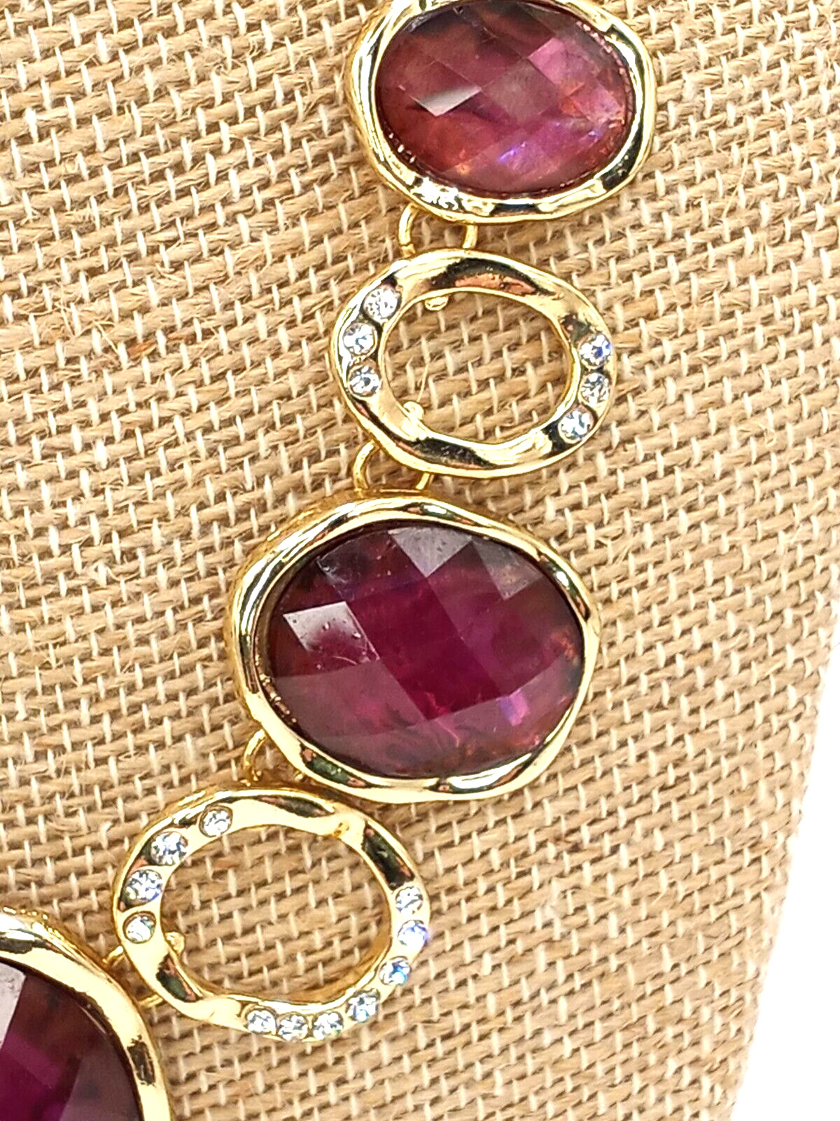 Purple Faceted Acrylic Gem and Colorless Rhinestone in Gold Tone Necklace Marked