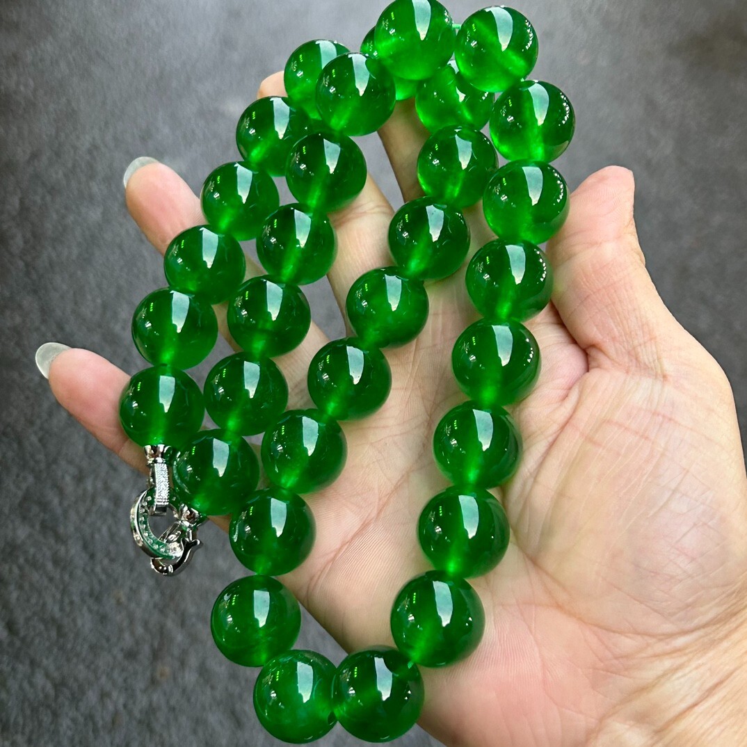 17mm Real Natural Perfect Ice Green Myanmar Beads Jade jadeite Necklaces