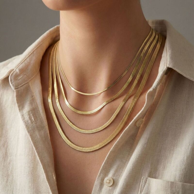 14K Gold Titanium Steel Snake Chain Necklace Flat Herringbone Choker Necklace
