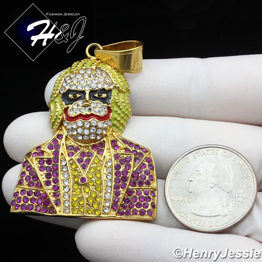 MEN’s Stainless Steel Icy Bling CZ Gold Plated Hip Hop Joker Pendant*GP139