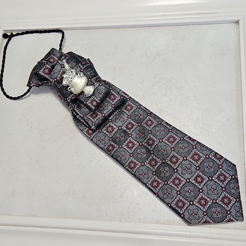Jos A Bank Silk Gray & Red Patterned Statement Tie Necklace With Silver Tone Pin