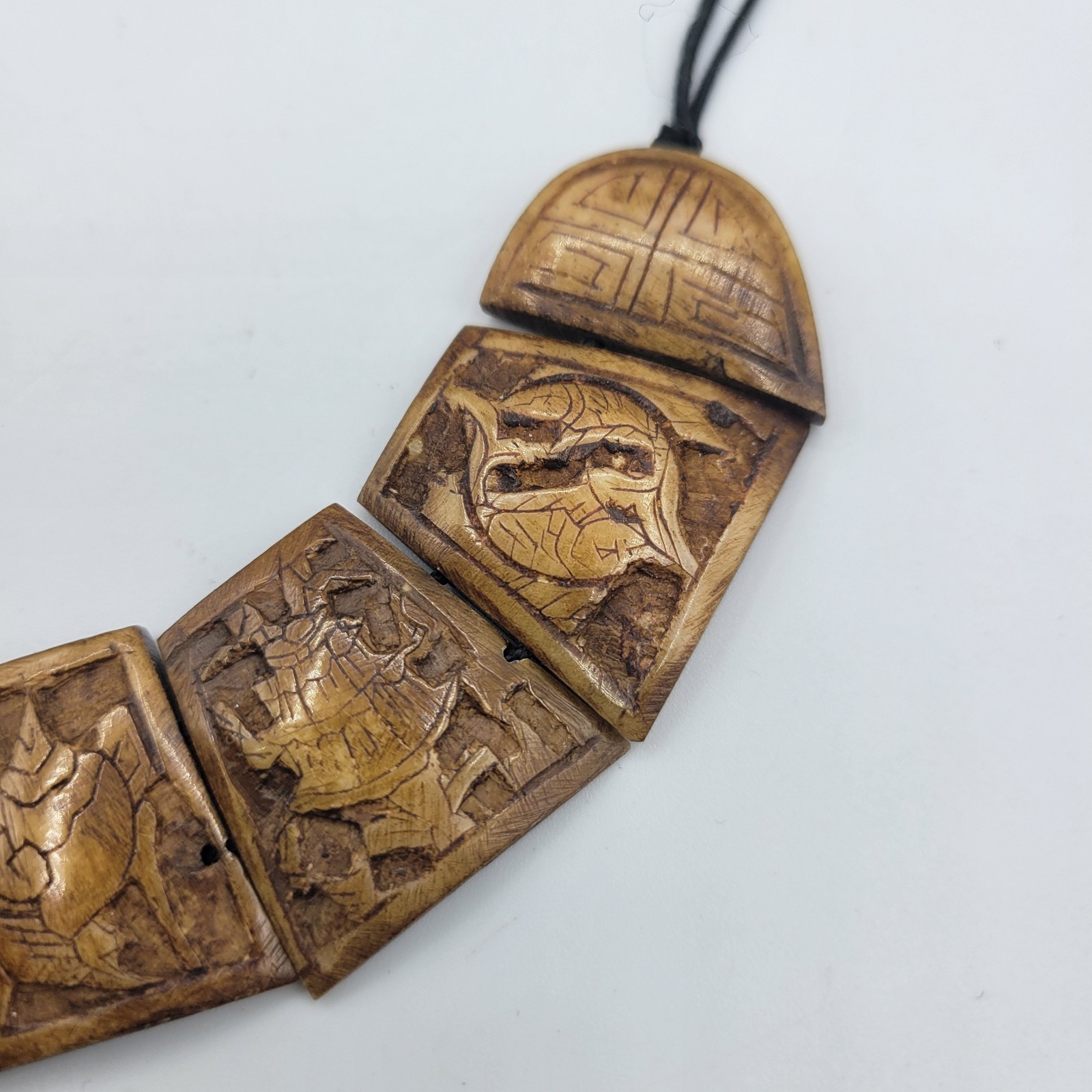 Nepal 8 Auspicious Symbols Hand Carved Necklace Yak Bone 16 in