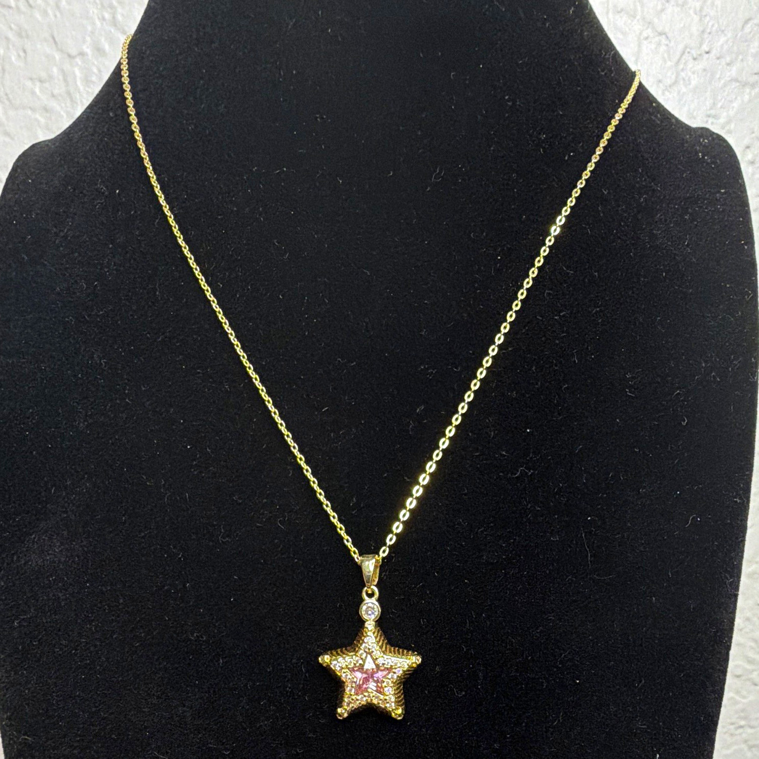 14k Gold Plated Necklace Adjustable Spring Ring Pink Star CZ Pendant