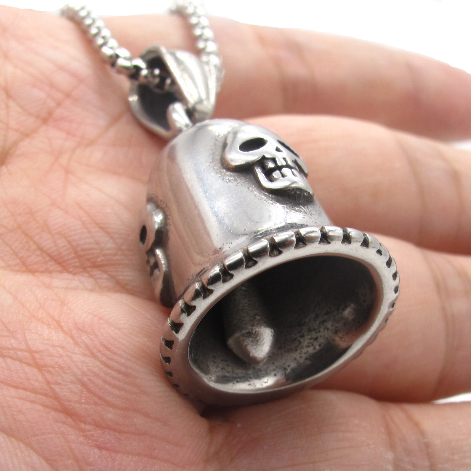 MENDEL Mens Number 13 Biker Skull Guardian Bell Pendant Necklace Stainless Steel