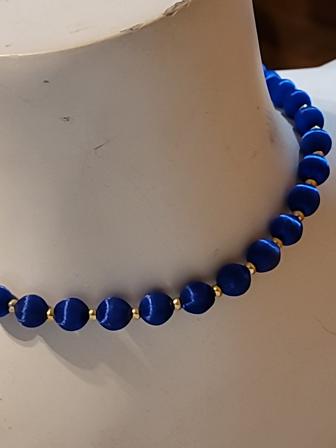 Royal Blue Silk Satin Thread Beaded Necklace Gold w/ Toned Beads