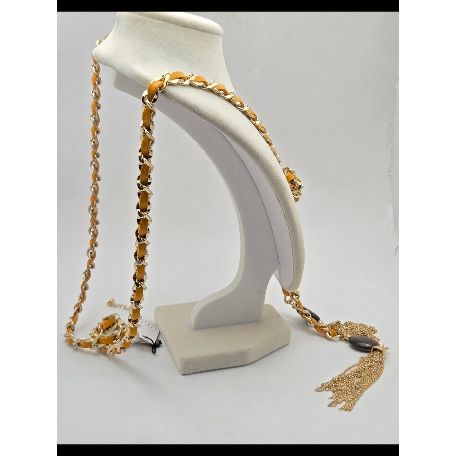 NWT White House Black Market Yellow Leather Gold Chain Lariat Tassel Necklace