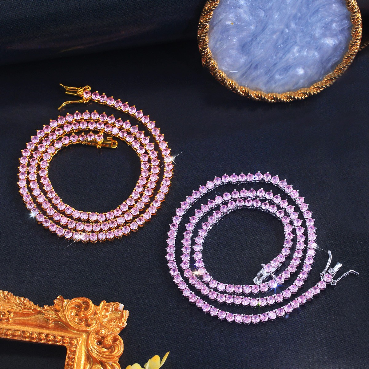 3mm Pink Round Cubic Zirconia Gold Plated Tennis Necklace Women Wedding Jewelry