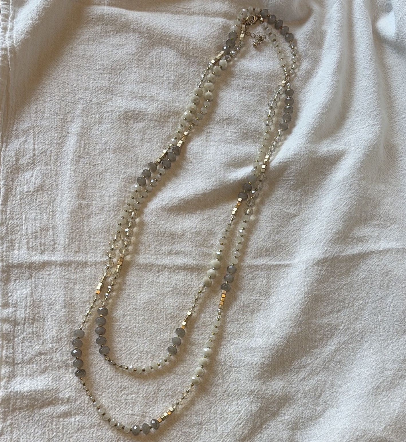 Double Strand Beaded Chain Necklace Gold Tone Gray/White Glass & Metal