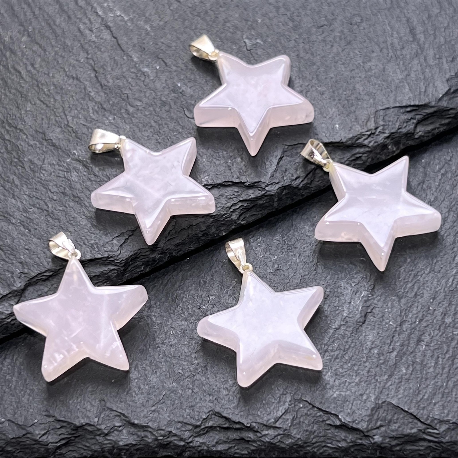 Pink Rose Quartz Crystal Star Pendant Silver Plated Bail Gemstone Jewelry Gift