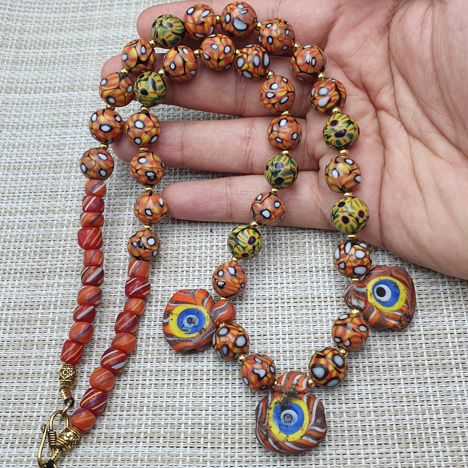 Vintage Venetian Style Eyes Glass with Old 3 Eyes Glass Beaded Necklace