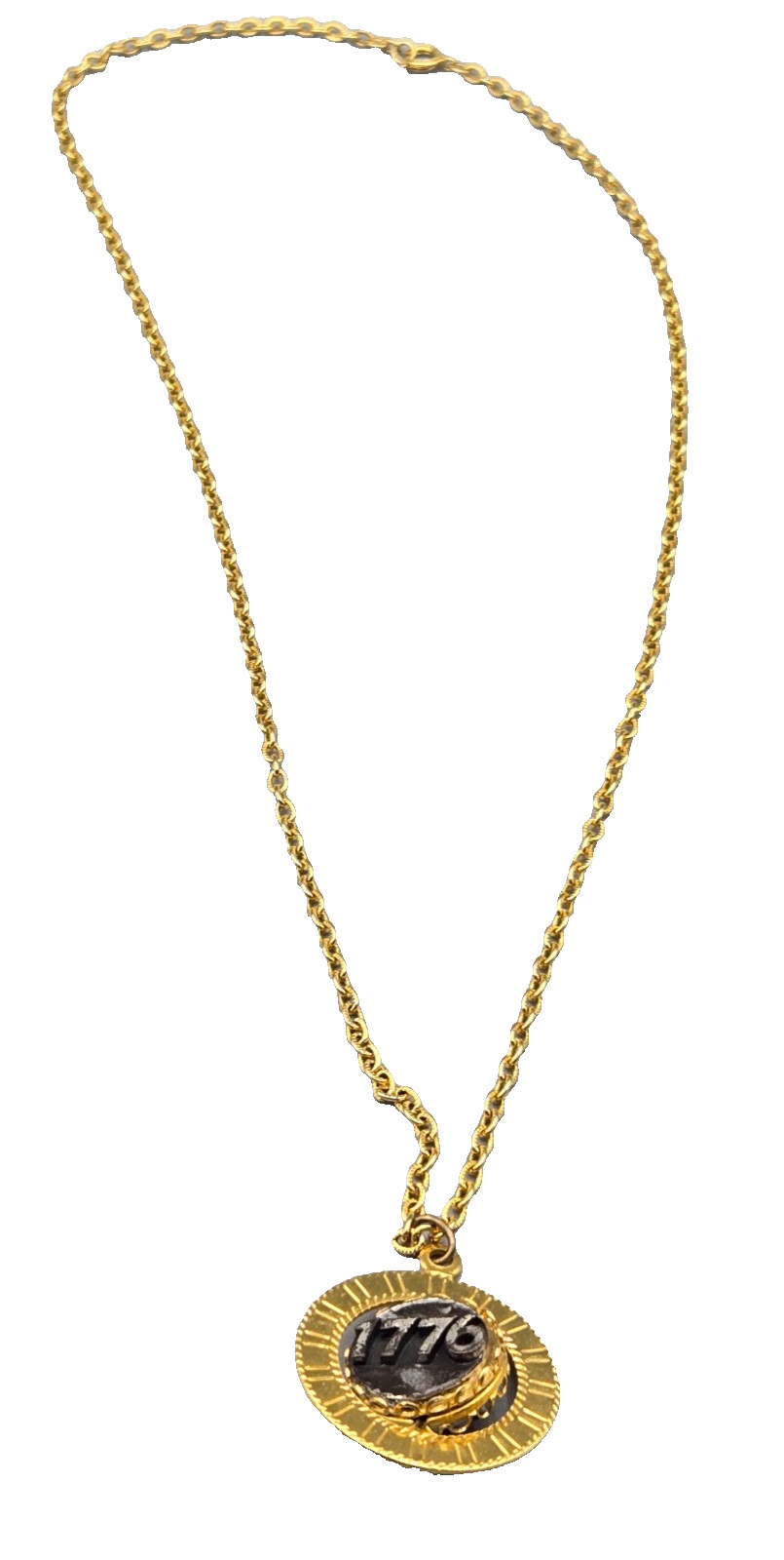 Reversible “1776” and “Liberty Bell” Medallion Pendant Necklace 24″ Gold Tone