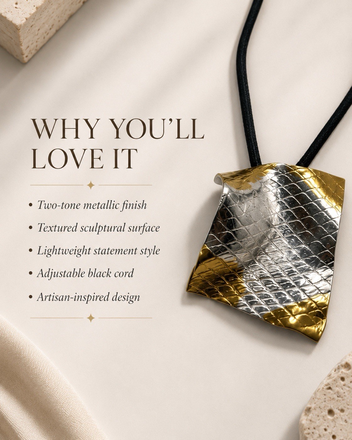 Two-Tone Textured Brass Asymmetrical Amulet Pendant Necklace Adjustable Cord