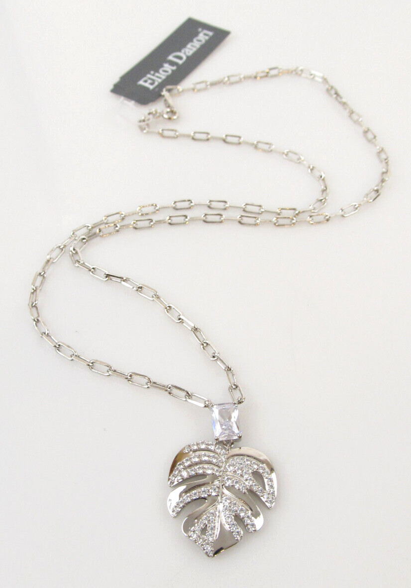Eliot Danori Silver Tone Pave Leaf Drop Necklace 18″L NWT $88