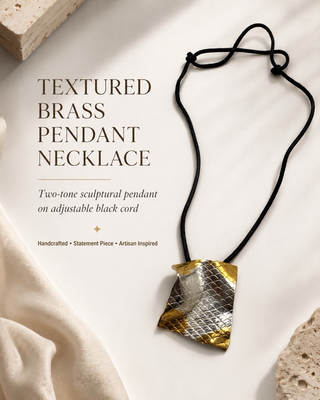 Two-Tone Textured Brass Asymmetrical Amulet Pendant Necklace Adjustable Cord