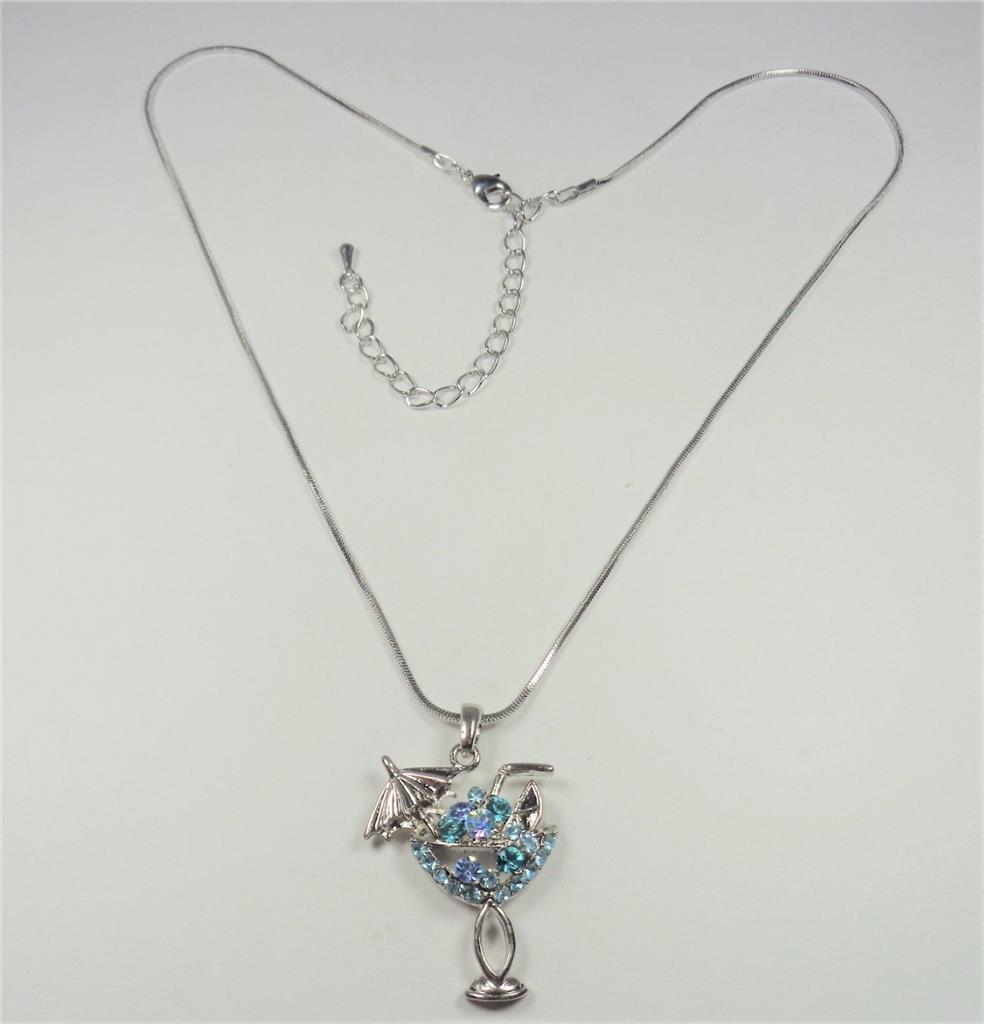 BEACH FASHION MARGARITA COCKTAIL DRINK GLASS BLUE ICE CRYSTALS PENDANT NECKLACE