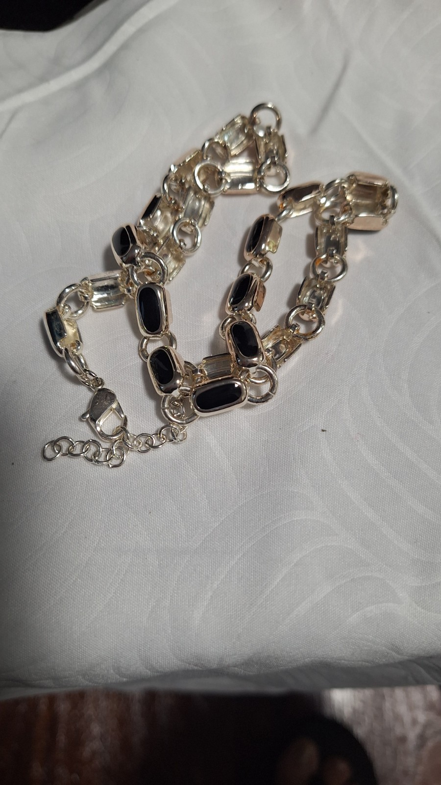 Silver Tone Oval Link Chain Necklace Black Accents Adjustable Lobster Clasp