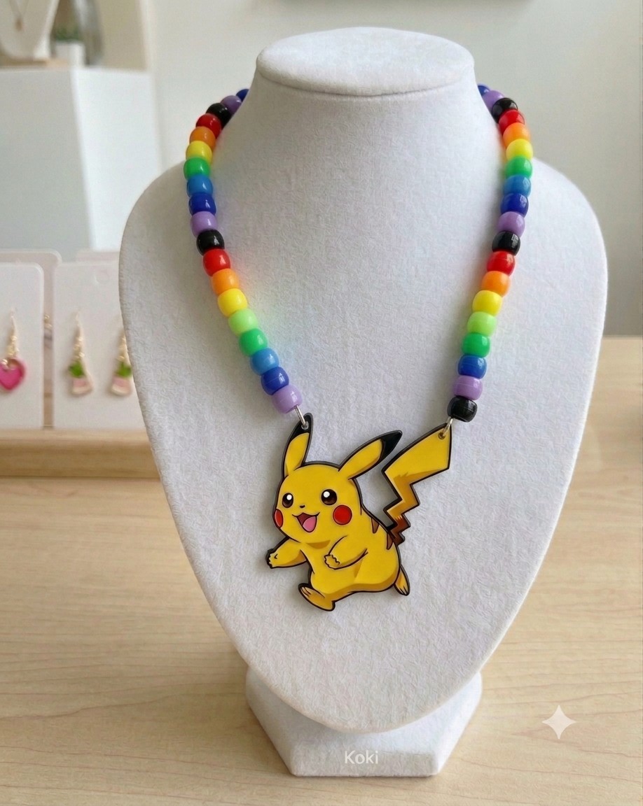 Multicolor Plastic Beaded Necklace Pikachu Charm Pendant Anime Cartoon Rave Plur