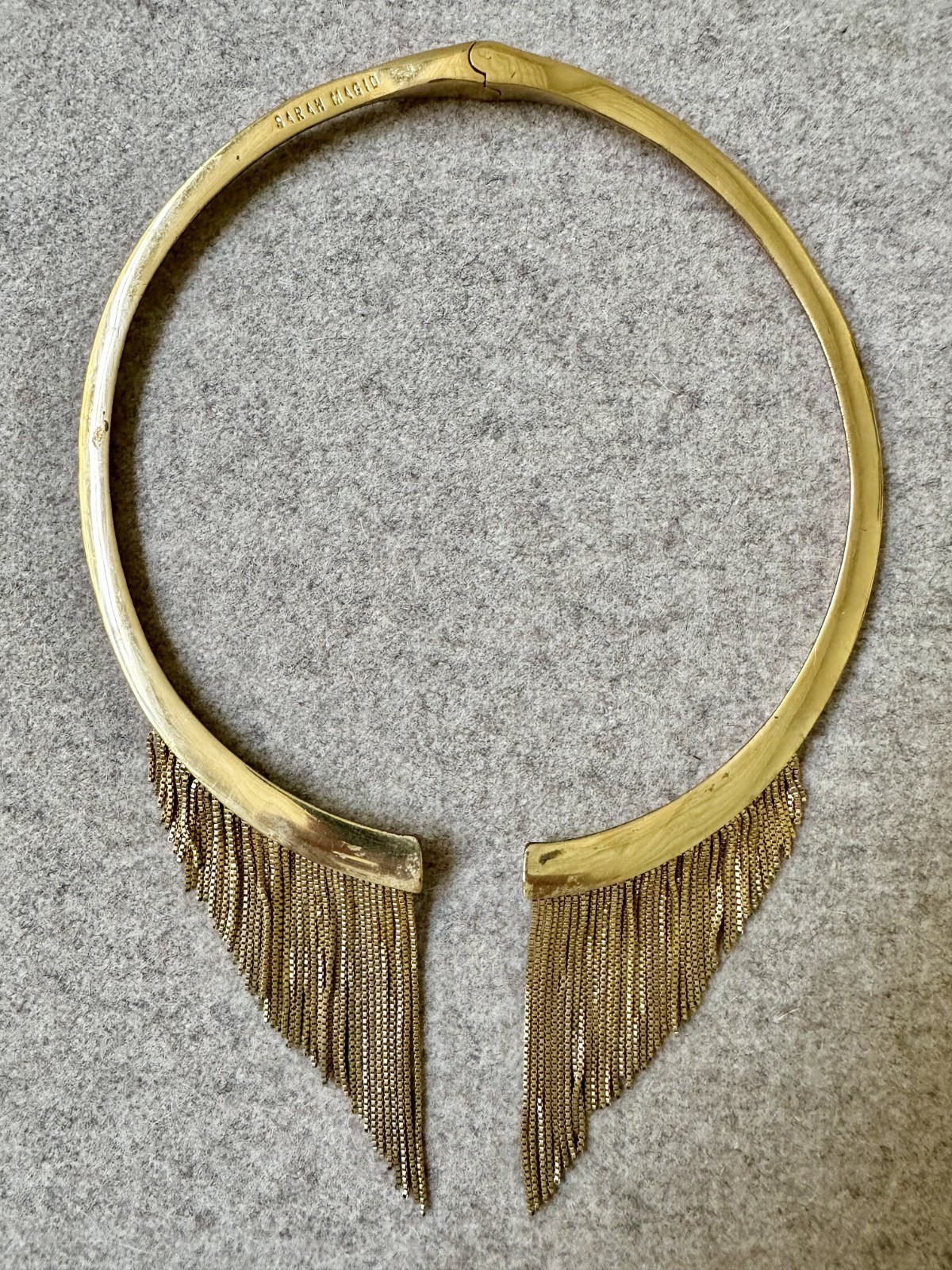 SARAH MAGID brass gold statement fringed chain collar choker necklace