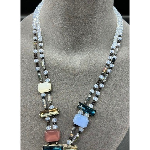Rare Vtg J Crew Mixed Crystal Sea Glass Statement Necklace Asymmetric Iridescent