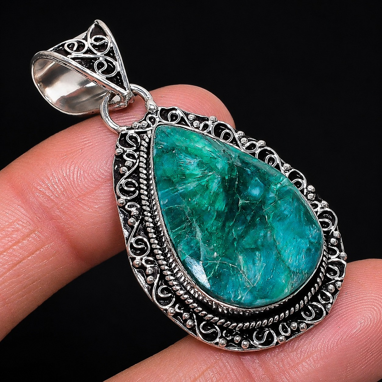Zambian Emerald 925 Sterling Silver Pear Gemstone Vintage Pendant 2.3″ VP 3323
