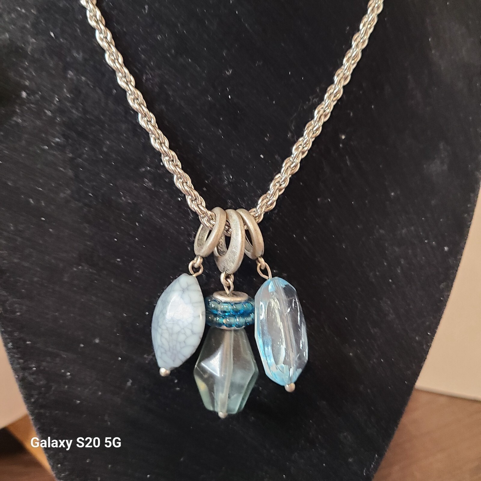 Unbrand Silver Tone Rope Chain Multi Charm Necklace Blue Stone Glass Beads