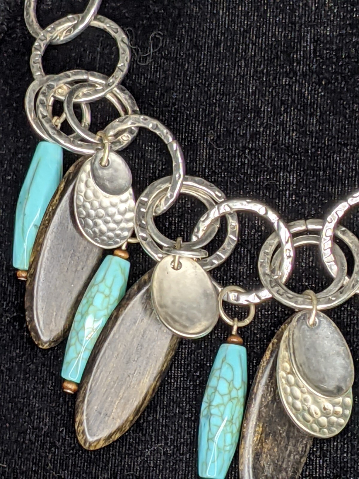 a.n.a Statement Necklace Faux Turquoise, Wood & Silver Link Brown Leather