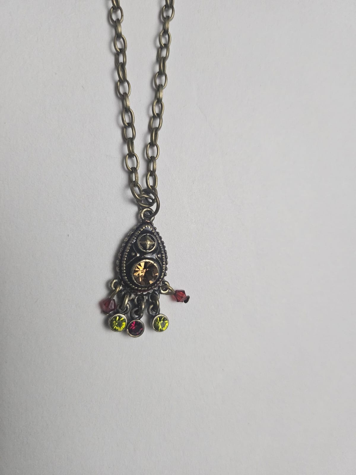 Vintage Boho Rhinestone Pendant Necklace Bronze Tone Multicolor Dangle Charm