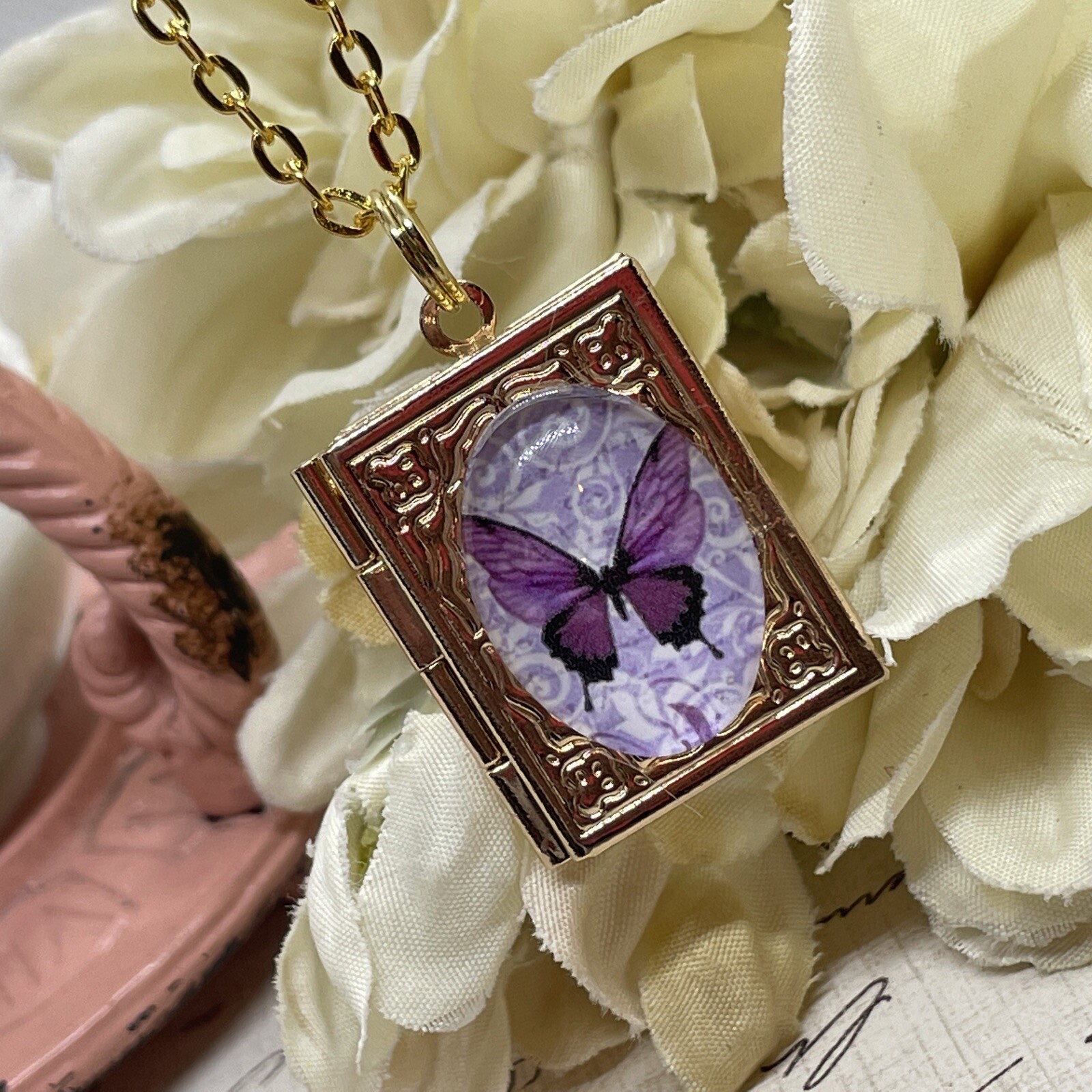 Gold Birthday anniversary purple BUTTERFLY book Locket pendant necklace photo