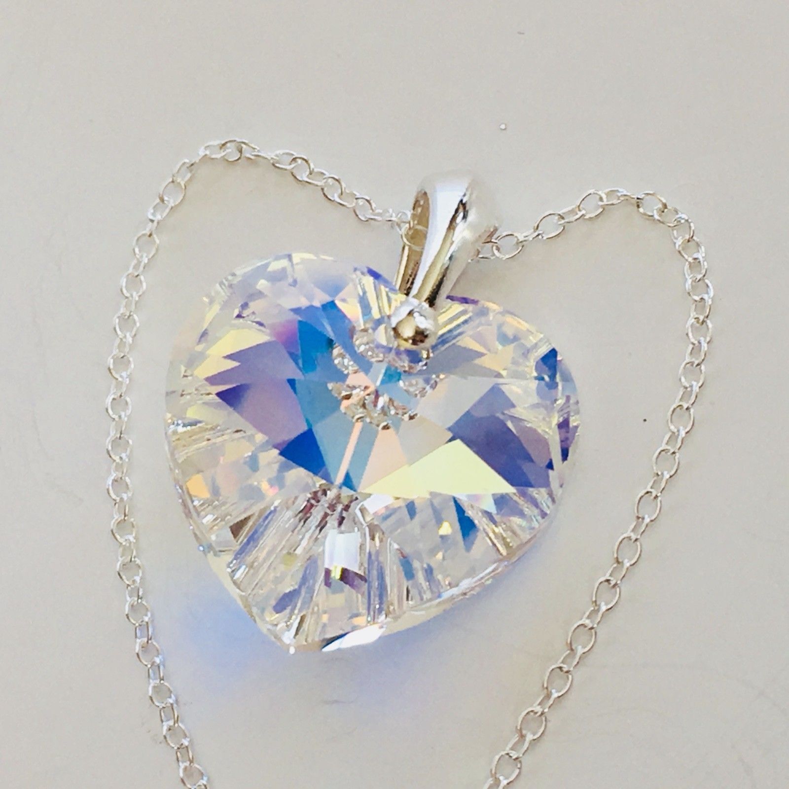 925 Silver Large 28mm AB Heart Necklace Pendant Made With Austrian Crystals