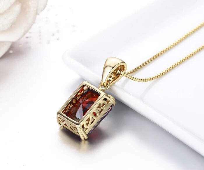 ZARD Emerald Cut Red Cubic Zirconia Pendant in 14K Gold Necklaces