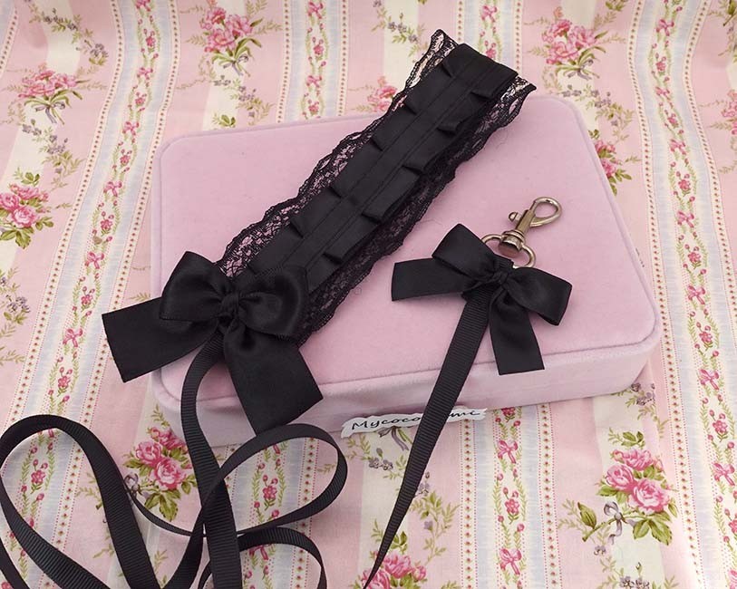 Black Lace Kitten Play Leash for Adults, Cute Bow Pet Play, Ruffled Submissive D