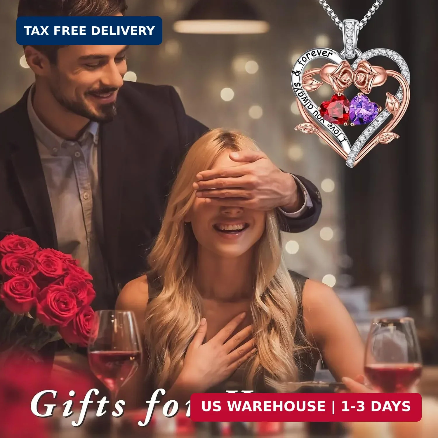 Iefil Rose Heart Double Birthstone Necklace, Gifts for Wife Her Women | 925 Ster