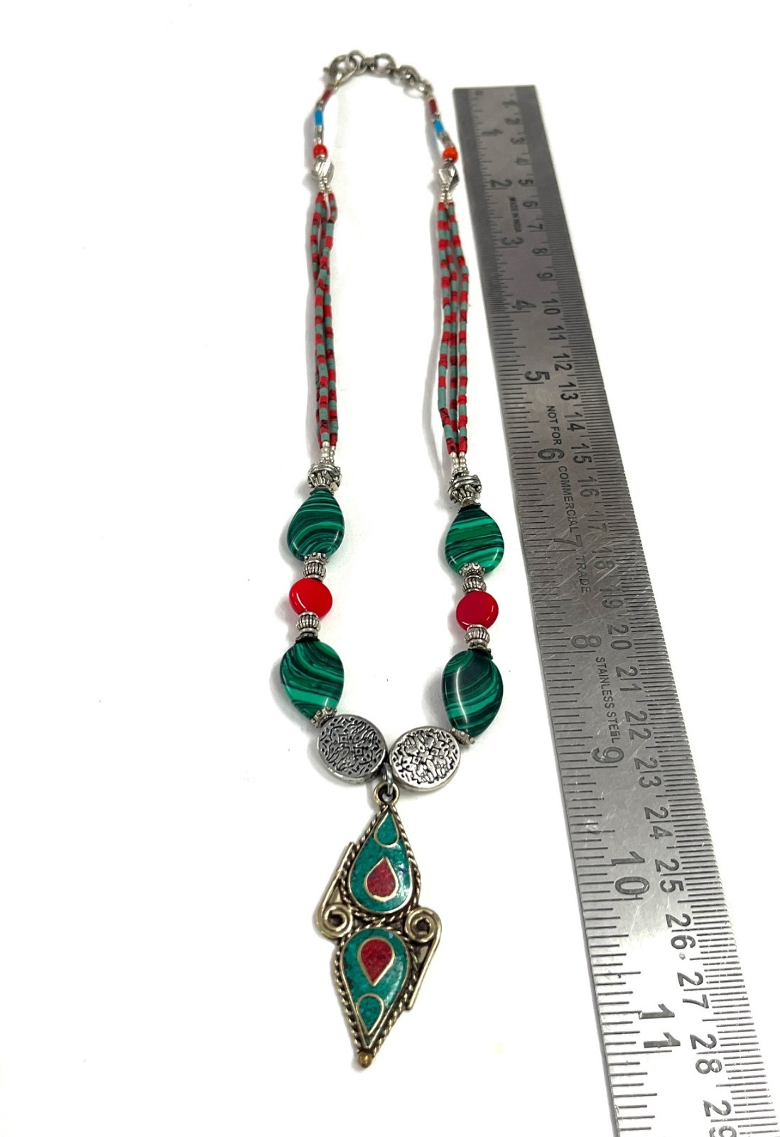 Art Deco Malachite Coral Gemstone Tibetan Necklace Jewelry, 18 Inc Adjs