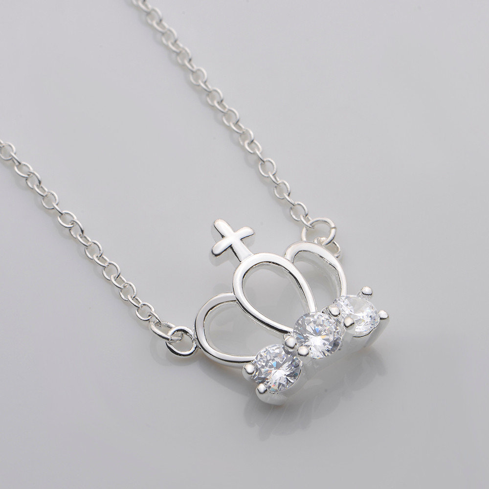 Elegant 925 Sterling Silver Filled Water Crown CZ Pendant Woman Necklace N-A597