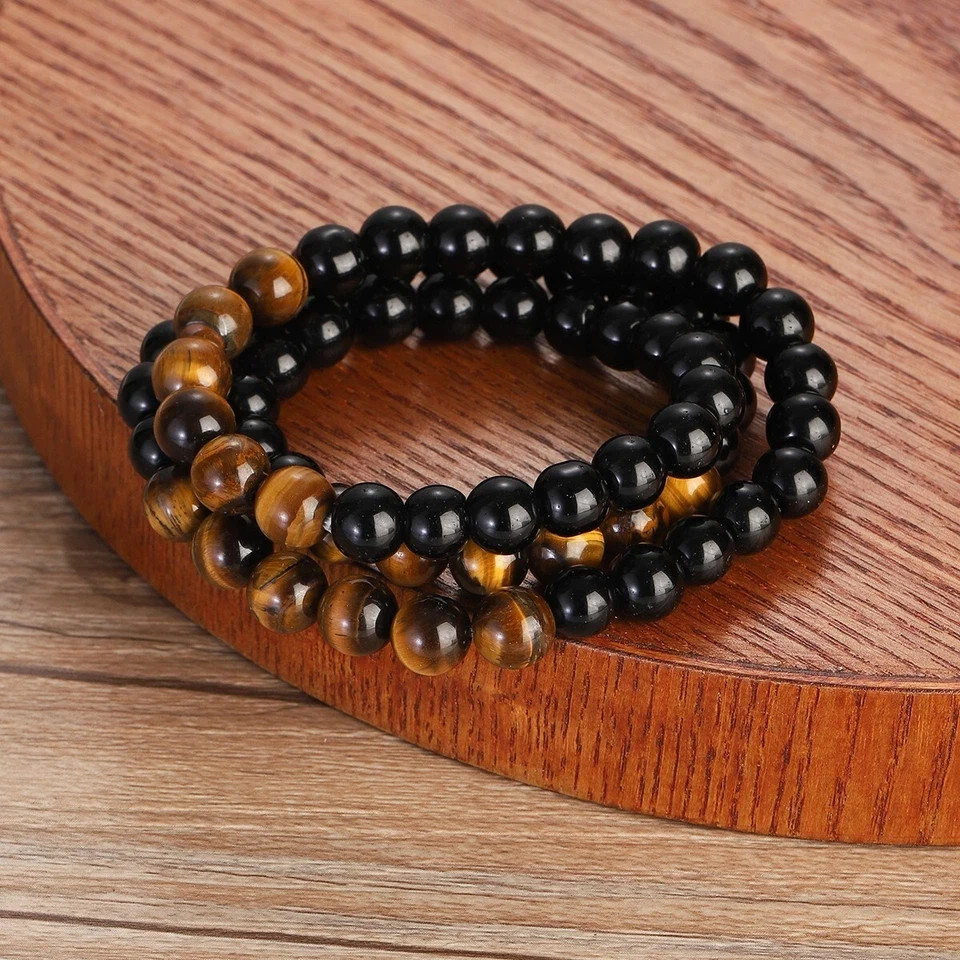 Men’s Black Obsidian & Tiger Eye Stone Beaded Necklace 24″ Natural Stone Jewelry