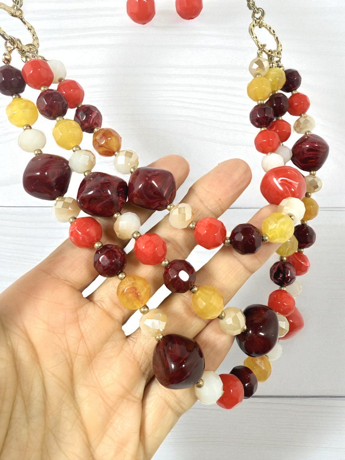 Colorful Multi-Strand Acrylic Bead Necklace & Earrings Set, Retro Color Necklace