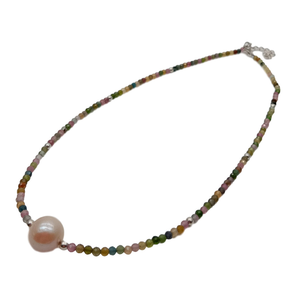 Natural Multi Color Tourmaline Pink keshi Pearl Choker Necklace silver clasp