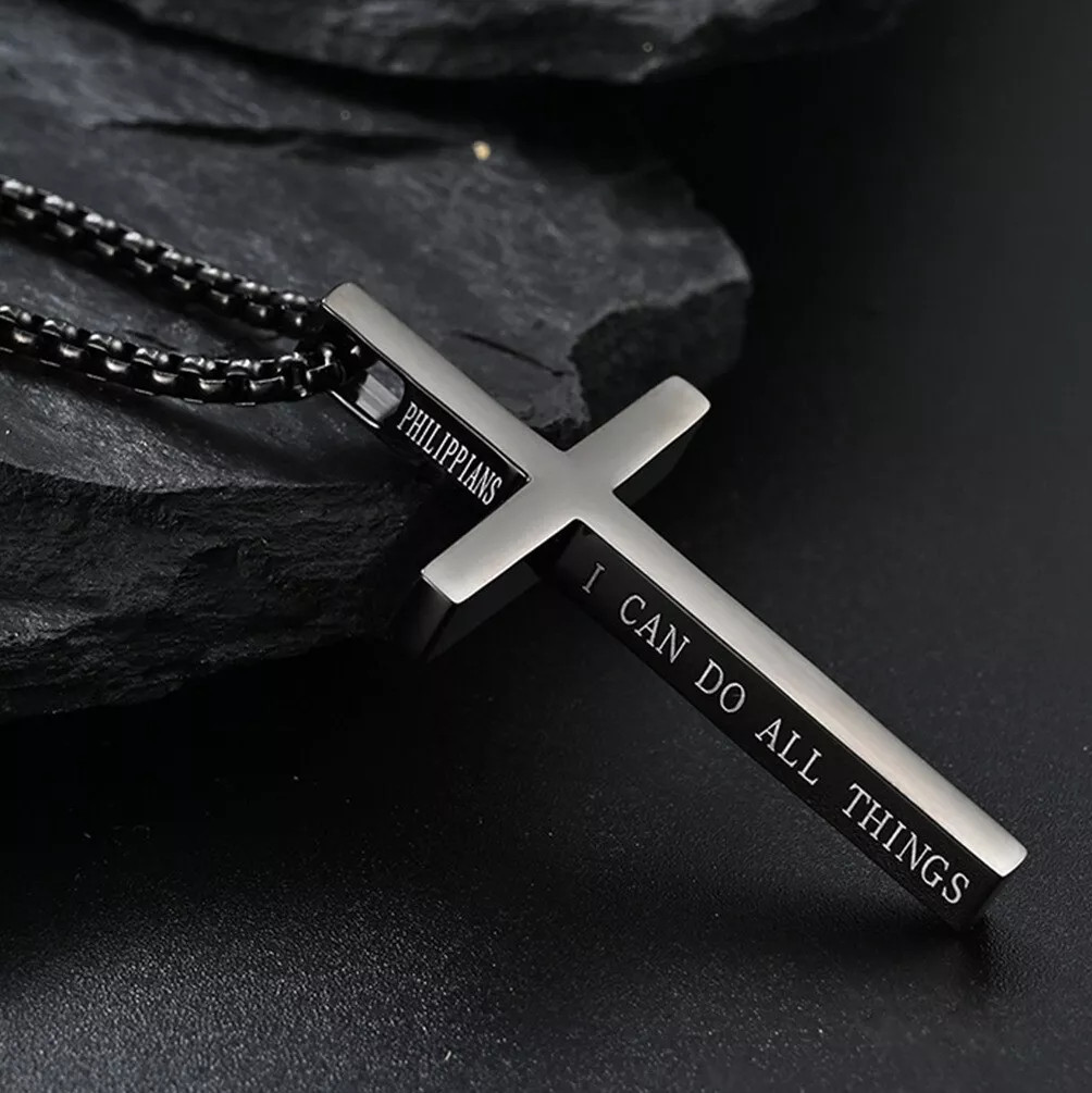 Men Women Cross Necklace Stainless Steel Christian STRENGTH Pendant Chain 24″