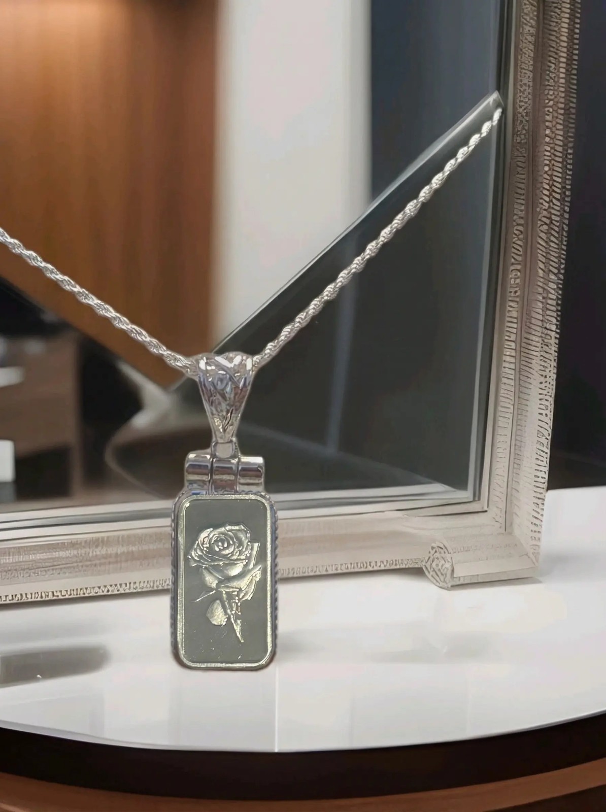 1 Gram .999 Fine Silver Rose Flower Bar Pendant in Sterling Silver Bezel & Chain