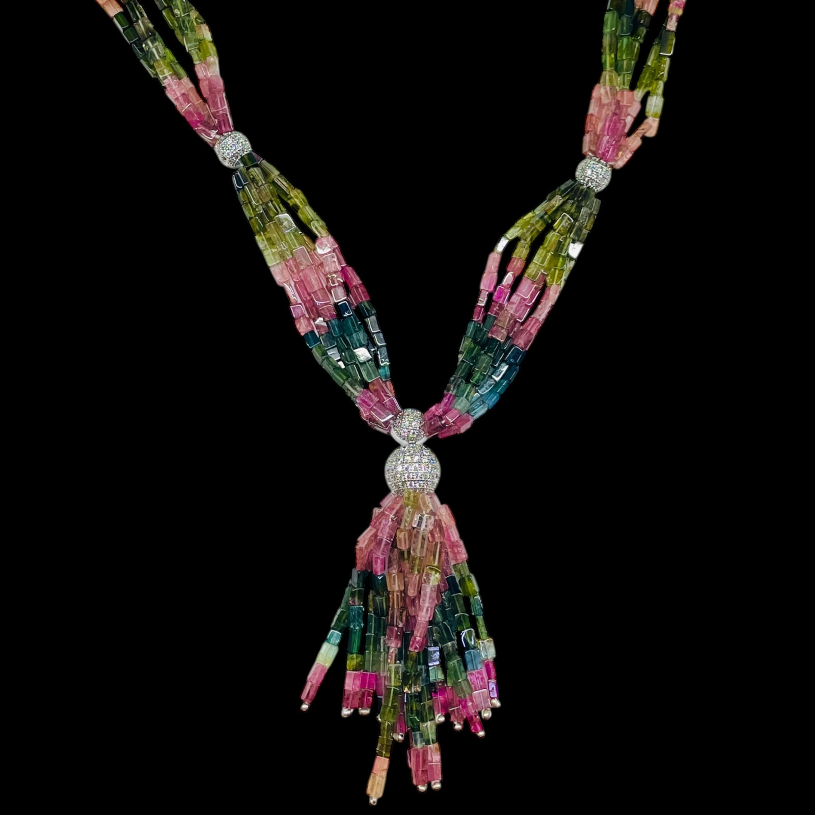 6 Strands Natural Tourmaline Octagon Beads Boutique Necklace 925 Silver Clasp