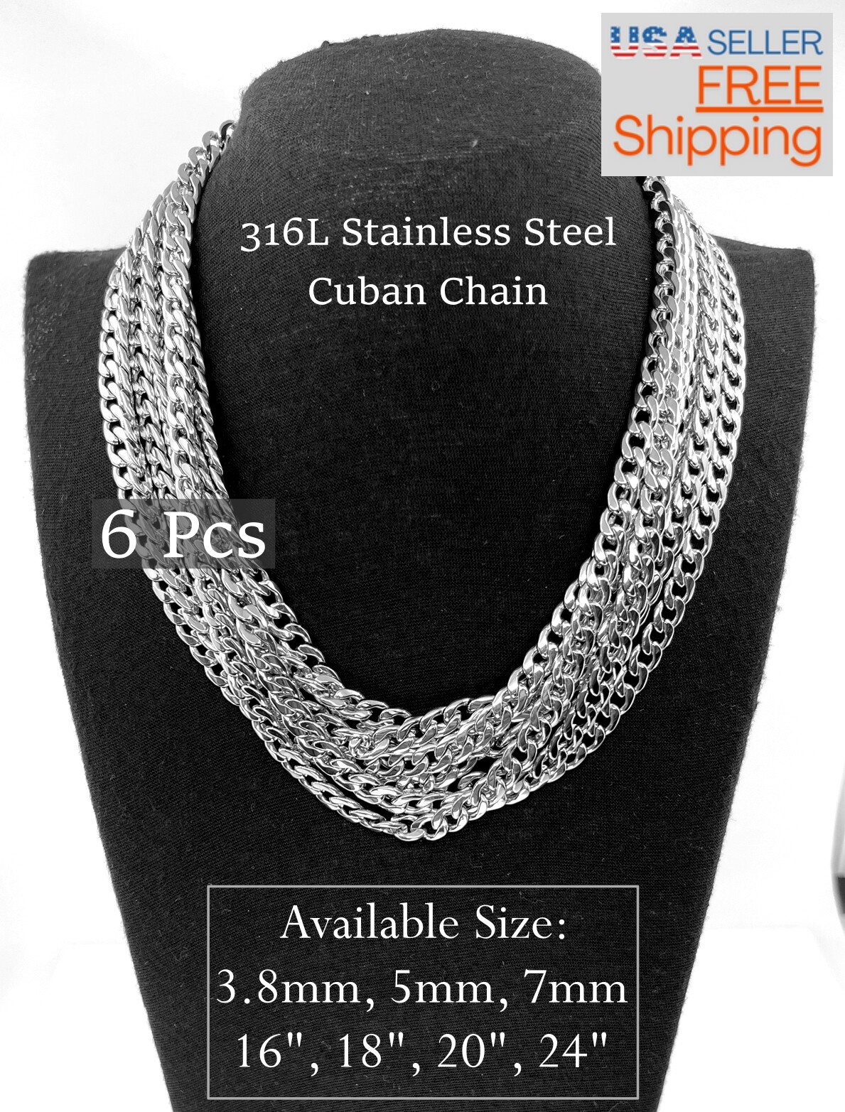 Wholesale Bulk 316L Stainless Steel Cuban Chain 16, 18, 20, 24 inches Necklace