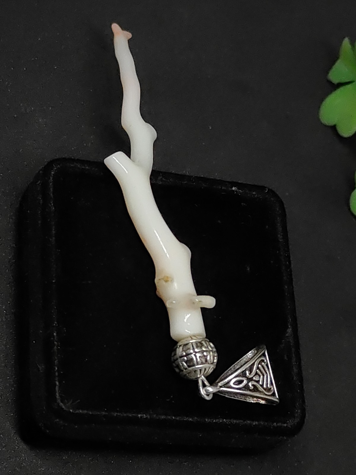 Large White Pink Stick Coral Branch Pendant: Silver Brass & Natural Branch