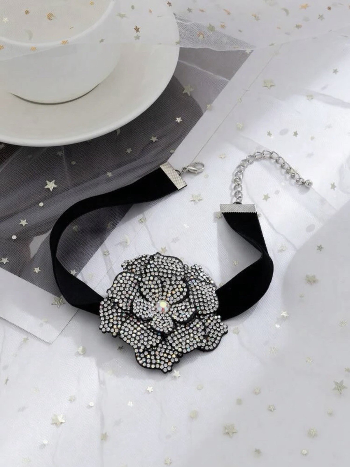 Black Velvet Choker Necklace with Flower Rhinestone Pendant, 12-18in, 6.5cm