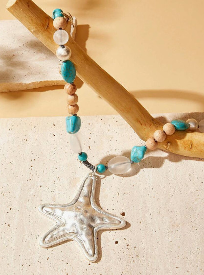 Silver Starfish Necklace Turquoise Beaded Blue Bohemian Vacation Beach Jewelry