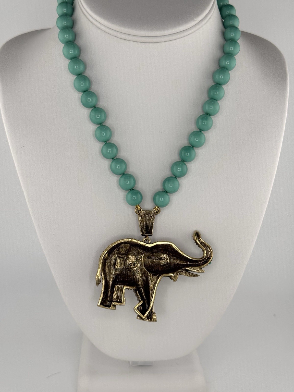 Signed Heidi Daus Turquoise Bead Necklace with Pavé Swarovski Crystal Elephant
