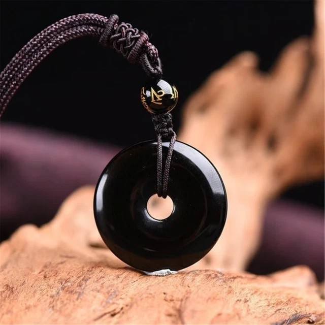 Black Obsidian Necklace 26mm Donut Pendant Guardian Amulet Adjustable Cord 18in